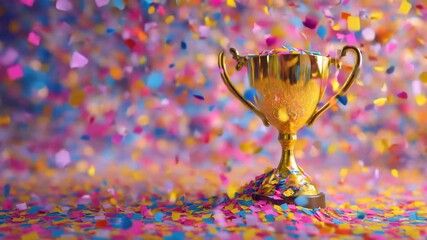 A shiny golden trophy rests on a surface as waves of vibrant confetti rain down around it, creating a festive atmosphere at a recent awards ceremony - Powered by Adobe