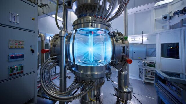 An advanced fusion reactor is showcased in a research facility, featuring glowing plasma and intricate machinery. Scientists observe the ongoing reactions and monitor system performance
