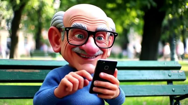 Idoso sentado em um banco de uma pra&ccedil;a, digitando no celular.