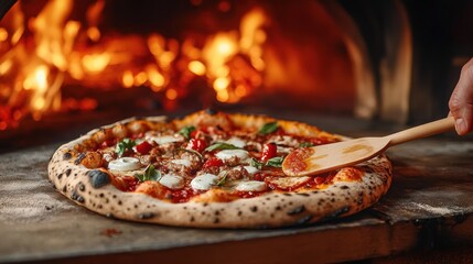 Freshly baked pizza being prepared in a wood-fired oven.