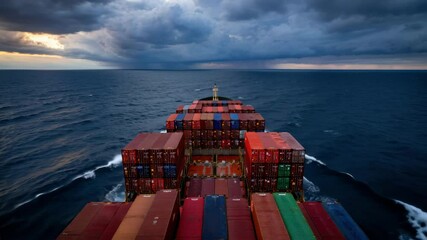A large container ship moves through the open ocean as dark clouds gather above. The sunset casts an orange glow on the horizon, creating a striking contrast with the stormy sky