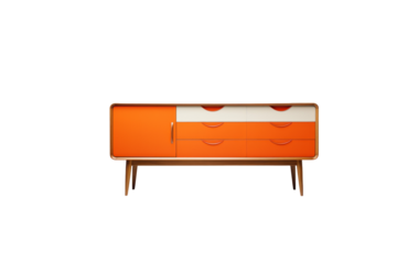 Mid-century modern sideboard with orange and white drawers, wooden legs, and a minimalist design. background removed