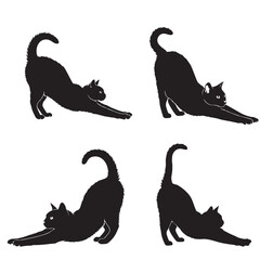 Black Silhouette of a Stretching Cat Isolated on White Background