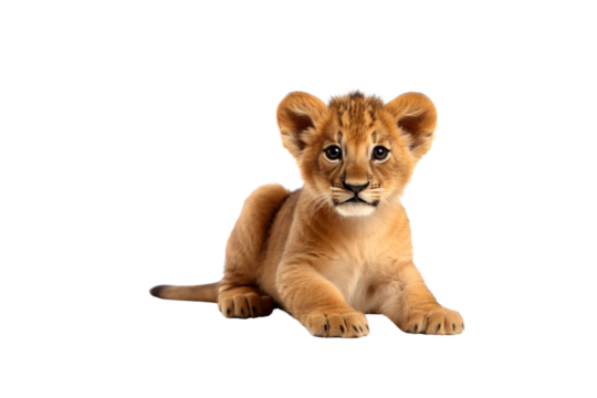 Adorable lion cub lying down, looking directly at the camera.  A charming image. background removed