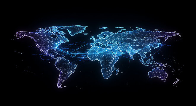 Abstract world map, glowing with vibrant blue and purple lines, showing global connectivity.