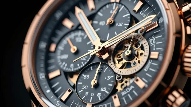 This showcase highlights a luxury timepiece featuring a stunning black dial with gold accents, intricate mechanisms and exceptional craftsmanship. A must-see for watch enthusiasts