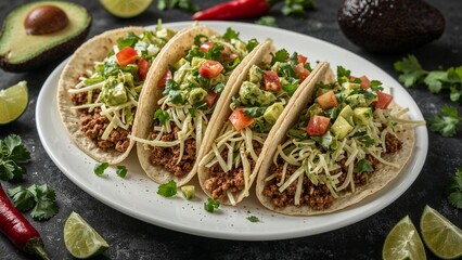 Taco White Plate with Seasoned Meat and Fresh Toppings