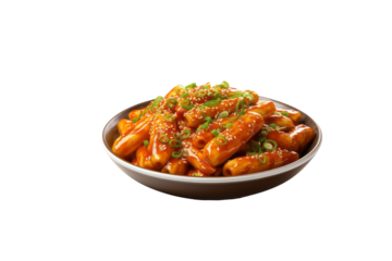 A bowl of Korean Tteokbokki, cylindrical rice cakes in spicy sauce, garnished with sesame seeds and green onions. background removed