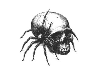 Halloween skull engraving with spider crawling, spooky horror decor, vintage hand-drawn sketch style, old engraving art, Halloween tattoo design, creepy Halloween motif