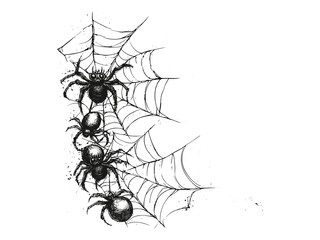 Halloween spider web corner engraving, vintage sketch style, spooky horror holiday motif, hand-drawn seasonal decor, black etched design, old engraving style, autumn festive art