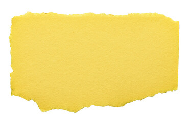 Isolated cut out torn piece of blank yellow paper note cardboard with rough texture and copy space for text, transparent png background design element