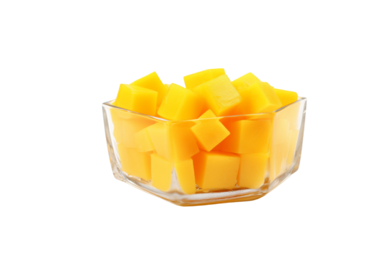 A glass bowl filled with diced mango pieces, a vibrant and refreshing summer treat. background removed