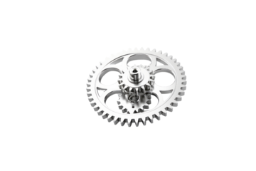 A detailed 3D rendering of intricate metal gears interlocked, showcasing precision engineering. background removed