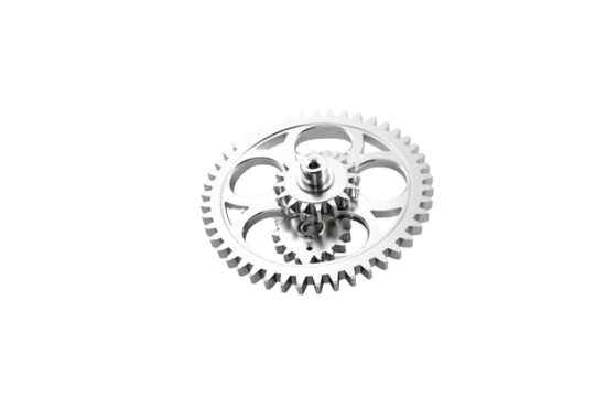 A detailed 3D rendering of intricate metal gears interlocked, showcasing precision engineering. background removed - Powered by Adobe