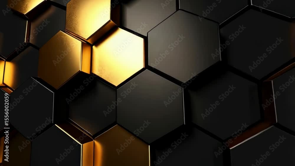 Poster abstract geometric hexagon pattern background with black and gold metallic tones - honeycomb structu