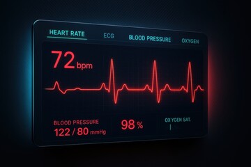 Close up of a medical monitor displaying heart rate ecg blood pressure oxygen