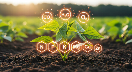 Young bean plant growing in fertile soil, illuminated by glowing chemical symbols