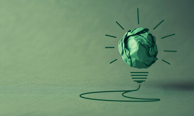 Crumpled paper lightbulb, idea concept, green tone