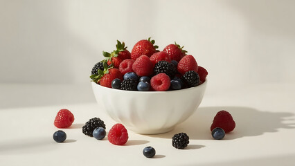 Fresh strawberries, blueberries, and blackberries in a bowl, a healthy and delicious summer fruit dessert