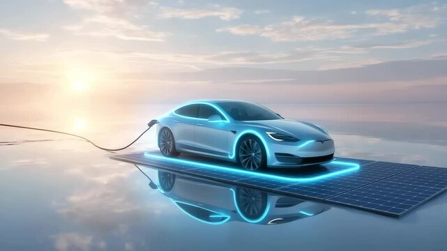 Zukunft der Elektromobilit&auml;t: E-Auto l&auml;dt &uuml;ber Solarpanel auf schwebender Plattform bei Sonnenaufgang. K&uuml;nstliche Intelligenz KI