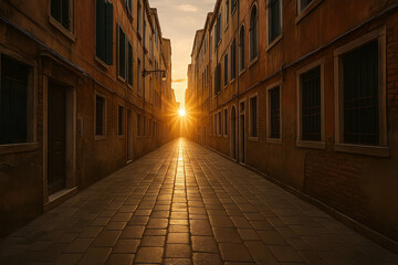 Obraz premium Goldenes Sonnenlicht in historischer Gasse – Kopfsteinpflaster und Altbauten bei Sonnenuntergang in Europa