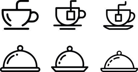 Tea Cups and Food Trays Outline Icons set vector.