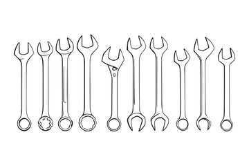 set of different type of 8 pcs Wrench line art and black color