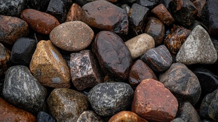 Close-Up View of Varied Smooth Stones and Pebbles in Natural Earthy Tones on Wet Surface