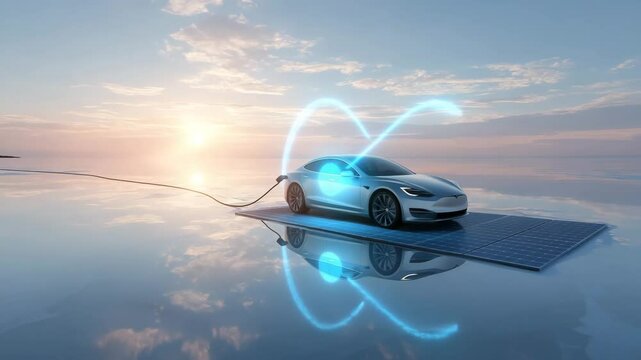 Zukunft der Elektromobilit&auml;t: E-Auto l&auml;dt &uuml;ber Solarpanel auf schwebender Plattform bei Sonnenaufgang. K&uuml;nstliche Intelligenz KI