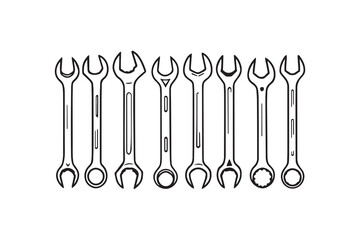 set of different type of 8 pcs Wrench line art and black color