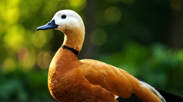 Elegant ruddy shelduck close-up in a verdant outdoor setting, featuring detailed feather texture, white head, orange body and striking black collar.