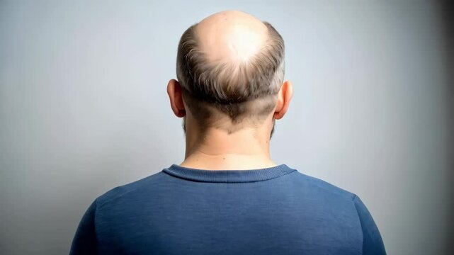 Man's bald head viewed from behind shows hair loss, pattern baldness, receding hairline, gray background, blue shirt, rear perspective