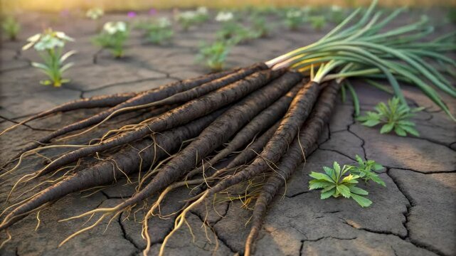 Salsify roots freshly harvested showing their unique dark color and earthy texture on cracked soil, a great product shot for organic food.