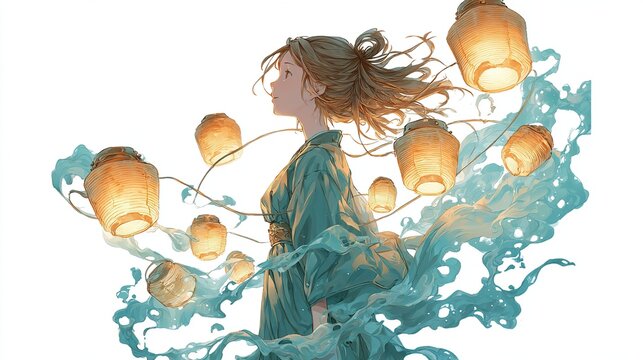 Woman in flowing teal robe, surrounded by floating lanterns and ethereal water