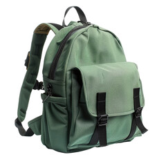 Sage green canvas backpack with black straps and multiple pockets, perfect for everyday use. background removed