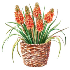 Obraz premium A Kniphofia Flower Basket, watercolor drawing vector, isolated on a white background.