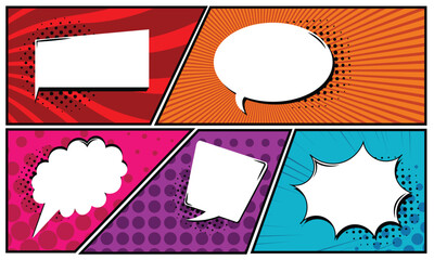 Vector illustrated retro comic book background with big blank speech bubble  pop art vintage style backdrop on a colorful page.