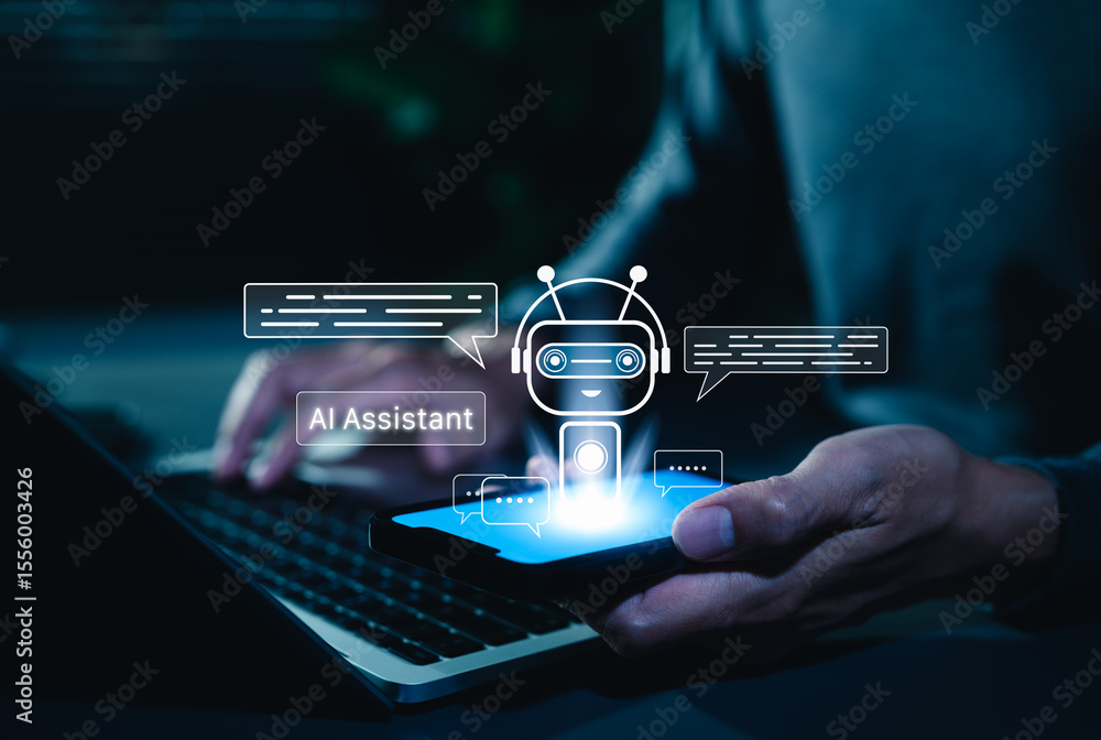 Poster ai chatbot virtual assistant technology concept. person using smartphone chat with ai chatbot that h