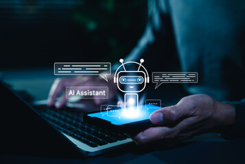AI chatbot virtual assistant technology concept. Person using smartphone chat with AI chatbot that has dialogue bubbles, representing artificial intelligence, help, smart customer service technology,