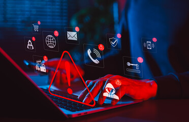 Online scam alert and cybersecurity warning concept. Man holding phone while using laptop, warning...