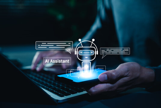 AI chatbot virtual assistant technology concept. Person using smartphone chat with AI chatbot that has dialogue bubbles, representing artificial intelligence, help, smart customer service technology,