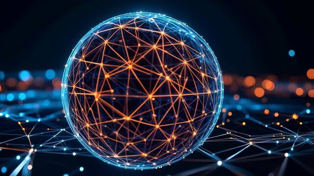 Glowing digital sphere connecting global network, artificial intelligence, internet connections and cybersecurity network data node sphere