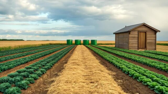 Captivating rural scenery reveals rows of thriving cabbage crops alongside a small wooden structure under a dramatic sky, showcasing agricultural beauty.