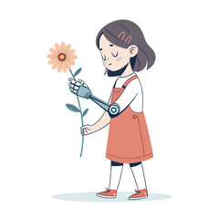Girl and Flower: A girl with a prosthetic arm gently holds a flower, representing resilience, hope, and the beauty of life. Depicting tenderness and the blend of nature and technology.