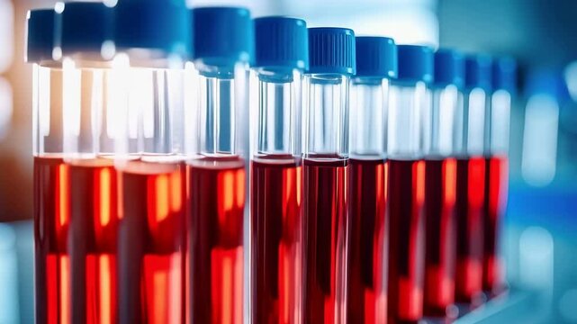 Multiple test tubes containing red liquid stand aligned in medical laboratory for research and analysis purposes.