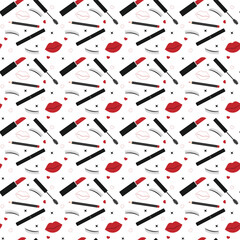 Seamless makeup pattern with red lipstick, eyelashes and hearts. Beauty cosmetic background