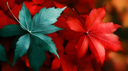 Vibrant Red and Teal Autumn Leaves Closeup