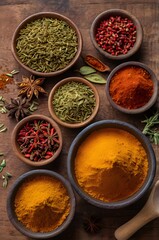 Indian spice market flat lay, top view of colorful spices in traditional bowls, turmeric, red chili, cardamom, cumin, arranged on a wooden surface, vivid color harmony,Generative Ai
