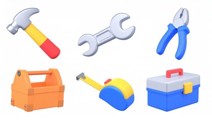 Playful 3D Render of Tools: Hammer, Wrench, Pliers, Tape Measure, Toolboxes