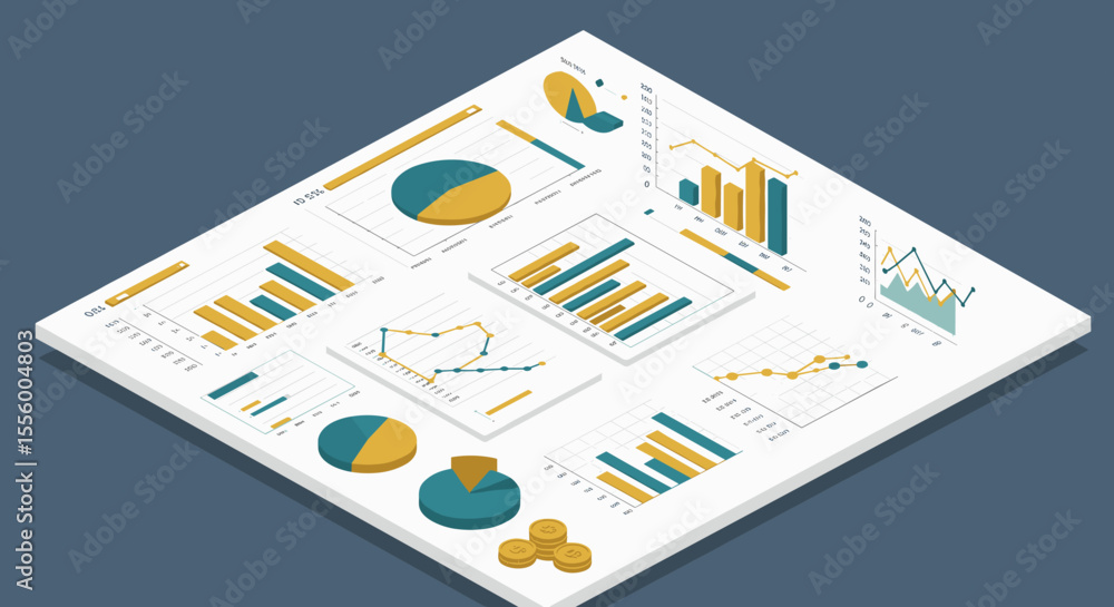 Poster business charts and graphs vector illustration in isometric style for data analysis and presentation